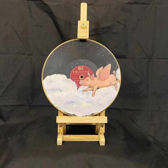 Hand painted Record - Flying Pig -1of1-  by BadAsh -Unique Decor - Picture 1 of 1